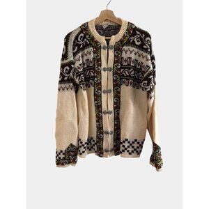 Vintage Norwegian Dirndlstrikk 52 Wool Cardigan Sweater Beige/Brown Floral...